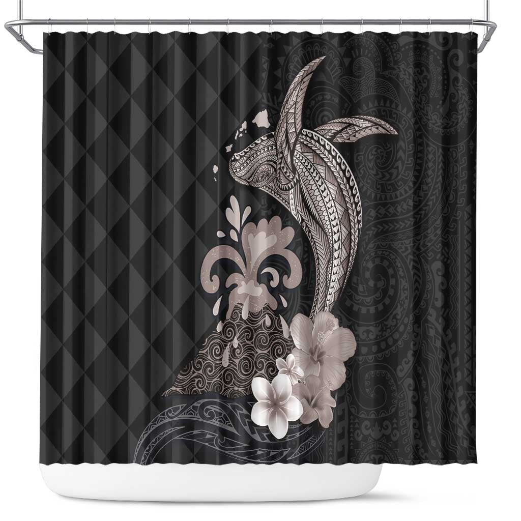 Hawaiian Whale and Volcanic Eruption Shower Curtain Hibiscus and Kakau Pattern Grayscale Color LT03 Black - Polynesian Pride