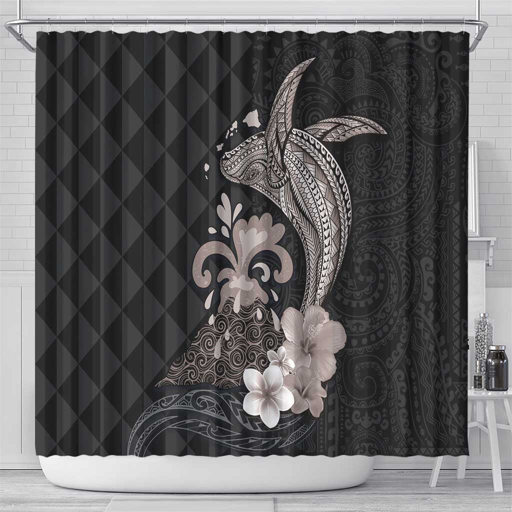 Hawaiian Whale and Volcanic Eruption Shower Curtain Hibiscus and Kakau Pattern Grayscale Color LT03 - Polynesian Pride
