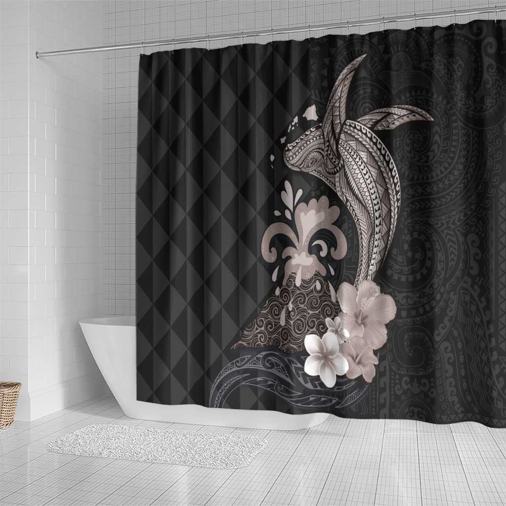 Hawaiian Whale and Volcanic Eruption Shower Curtain Hibiscus and Kakau Pattern Grayscale Color LT03 - Polynesian Pride