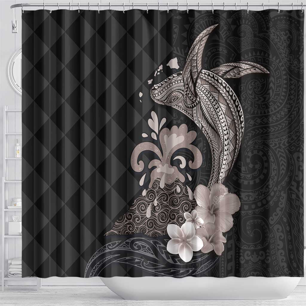 Hawaiian Whale and Volcanic Eruption Shower Curtain Hibiscus and Kakau Pattern Grayscale Color LT03 - Polynesian Pride