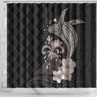 Hawaiian Whale and Volcanic Eruption Shower Curtain Hibiscus and Kakau Pattern Grayscale Color LT03 - Polynesian Pride