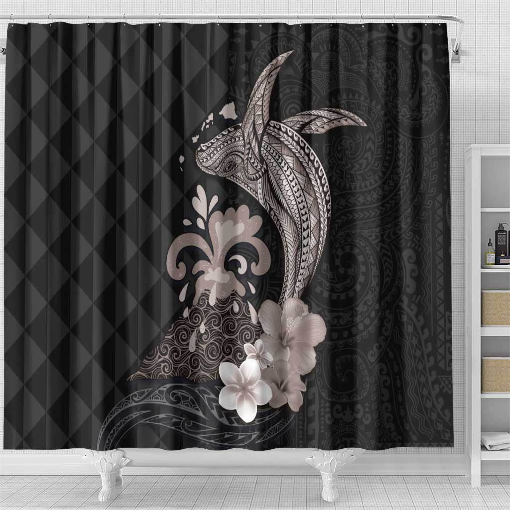 Hawaiian Whale and Volcanic Eruption Shower Curtain Hibiscus and Kakau Pattern Grayscale Color LT03 - Polynesian Pride