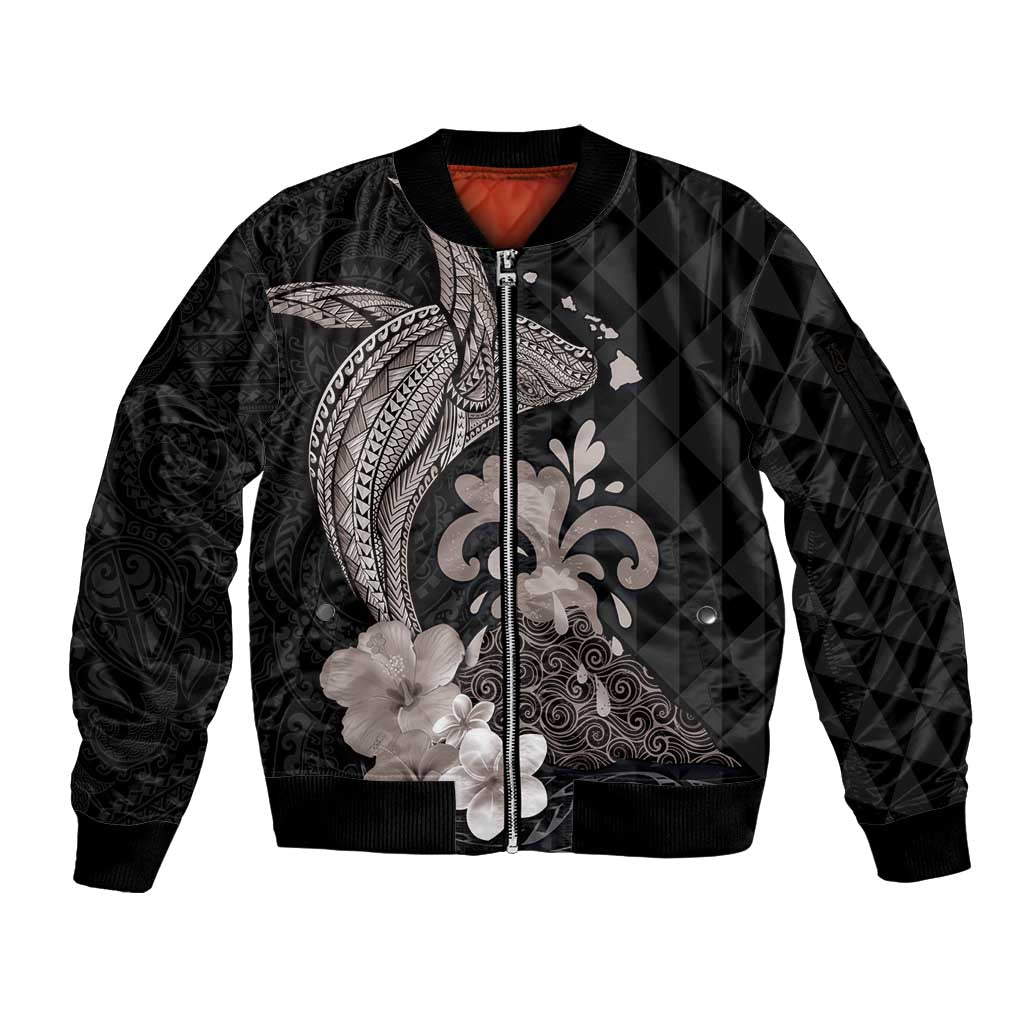 Hawaiian Whale and Volcanic Eruption Sleeve Zip Bomber Jacket Hibiscus and Kakau Pattern Grayscale Color LT03 Unisex Black - Polynesian Pride