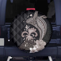 Hawaiian Whale and Volcanic Eruption Spare Tire Cover Hibiscus and Kakau Pattern Grayscale Color
