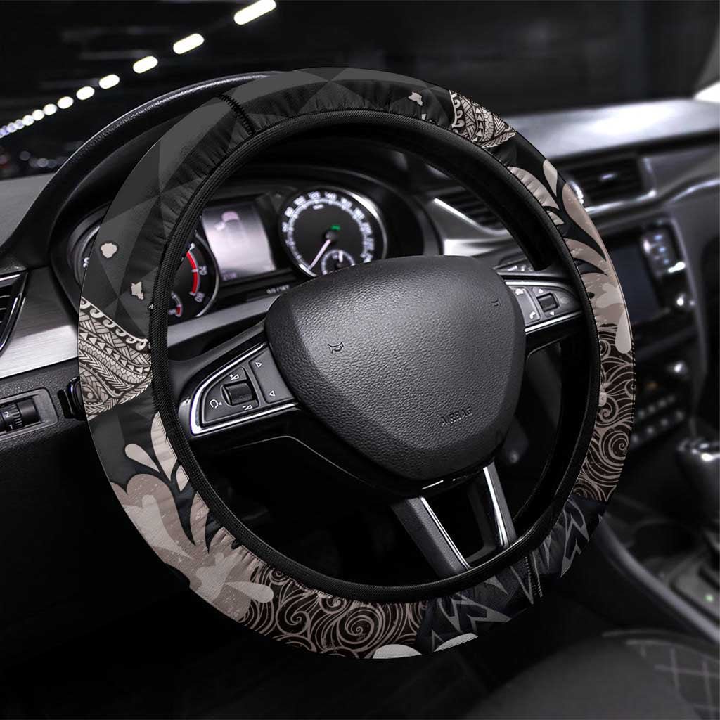 Hawaiian Whale and Volcanic Eruption Steering Wheel Cover Hibiscus and Kakau Pattern Grayscale Color LT03 Universal Fit Black - Polynesian Pride