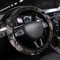 Hawaiian Whale and Volcanic Eruption Steering Wheel Cover Hibiscus and Kakau Pattern Grayscale Color LT03 Universal Fit Black - Polynesian Pride