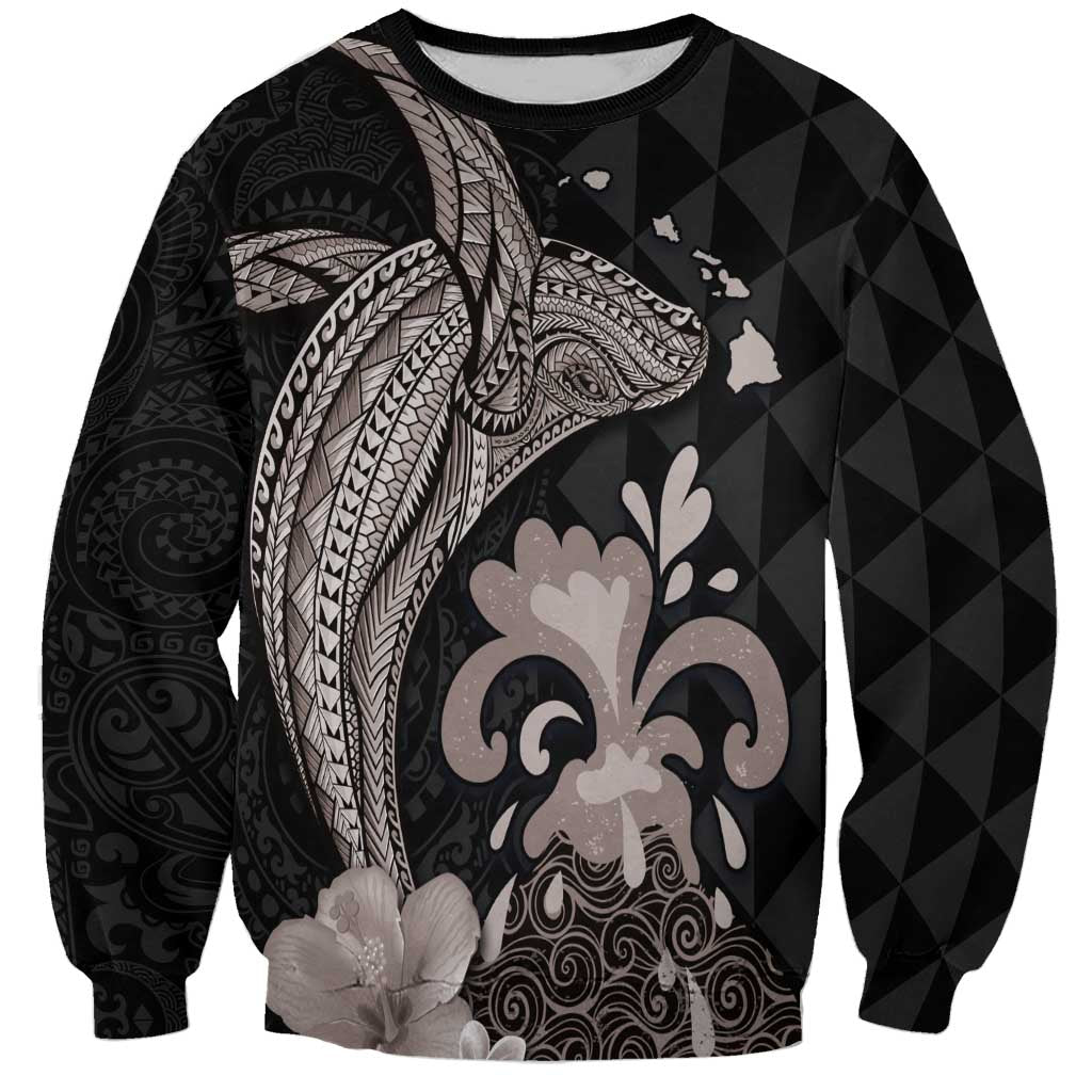Hawaiian Whale and Volcanic Eruption Sweatshirt Hibiscus and Kakau Pattern Grayscale Color LT03 Unisex Black - Polynesian Pride
