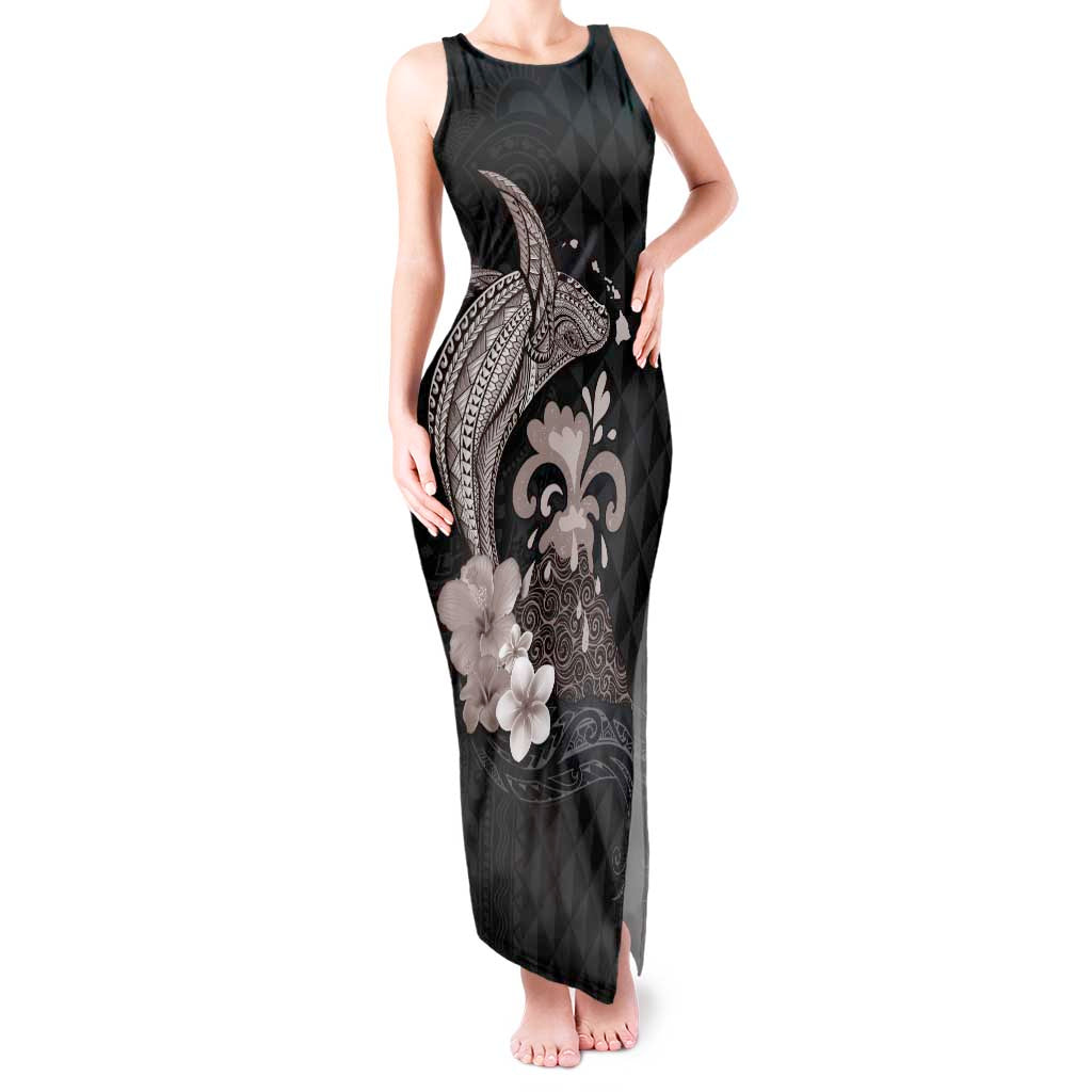 Hawaiian Whale and Volcanic Eruption Tank Maxi Dress Hibiscus and Kakau Pattern Grayscale Color LT03 Women Black - Polynesian Pride