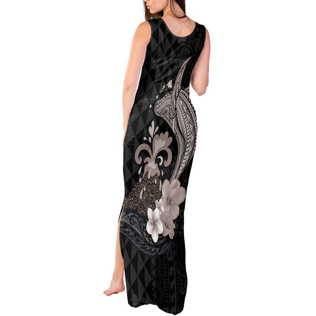 Hawaiian Whale and Volcanic Eruption Tank Maxi Dress Hibiscus and Kakau Pattern Grayscale Color LT03 - Polynesian Pride