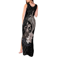 Hawaiian Whale and Volcanic Eruption Tank Maxi Dress Hibiscus and Kakau Pattern Grayscale Color LT03 - Polynesian Pride