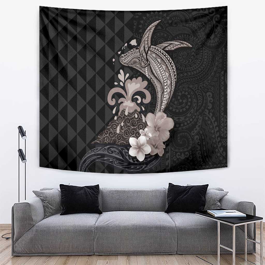 Hawaiian Whale and Volcanic Eruption Tapestry Hibiscus and Kakau Pattern Grayscale Color LT03 Black - Polynesian Pride