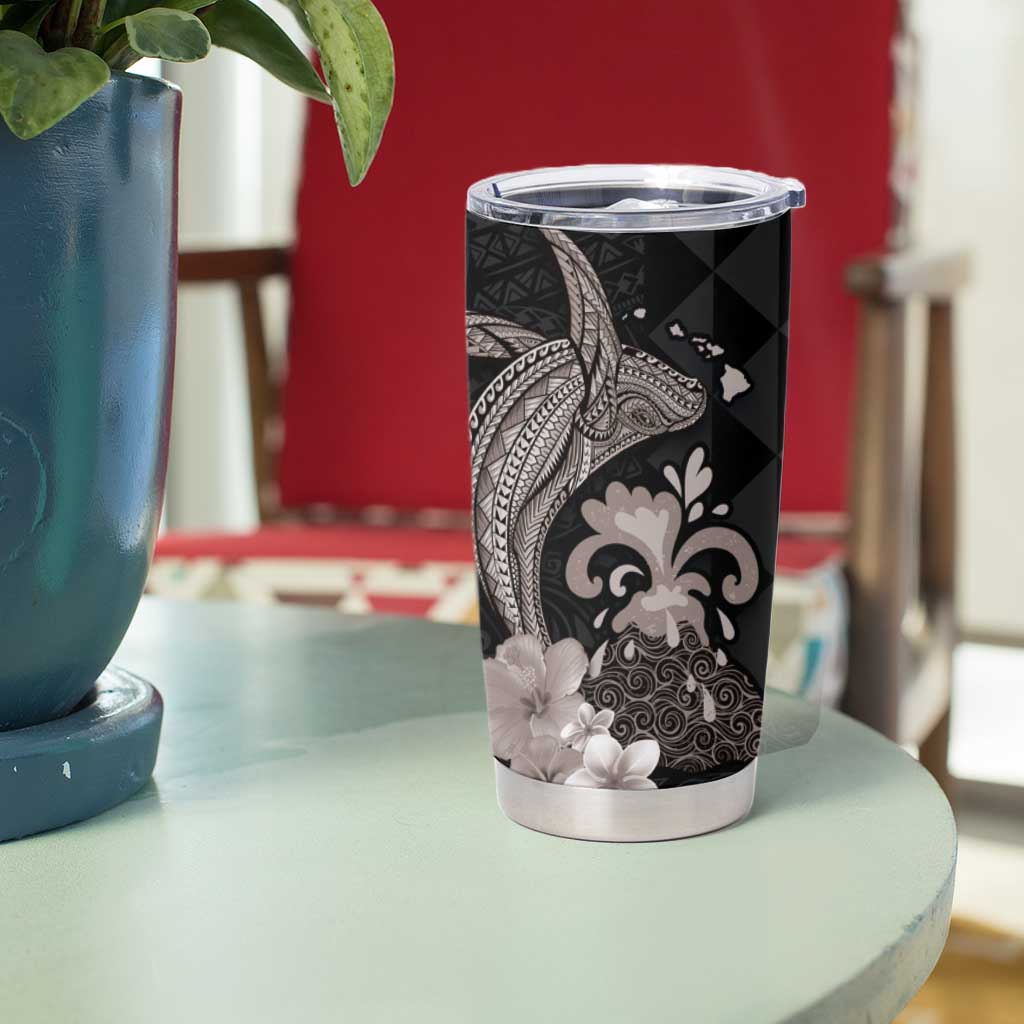 Hawaiian Whale and Volcanic Eruption Tumbler Cup Hibiscus and Kakau Pattern Grayscale Color