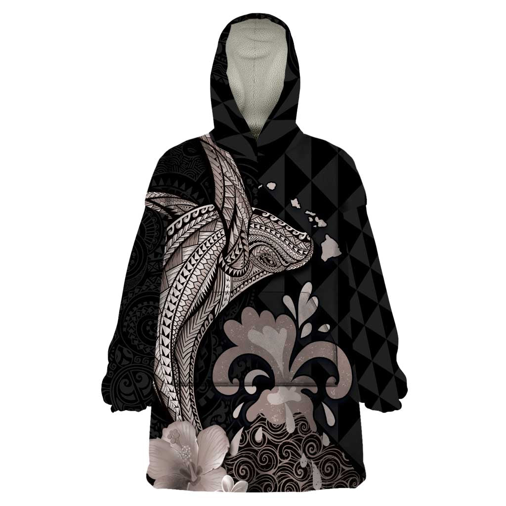 Hawaiian Whale and Volcanic Eruption Wearable Blanket Hoodie Hibiscus and Kakau Pattern Grayscale Color LT03 One Size Black - Polynesian Pride