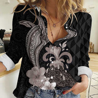 Hawaiian Whale and Volcanic Eruption Women Casual Shirt Hibiscus and Kakau Pattern Grayscale Color