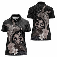 Hawaiian Whale and Volcanic Eruption Women Polo Shirt Hibiscus and Kakau Pattern Grayscale Color