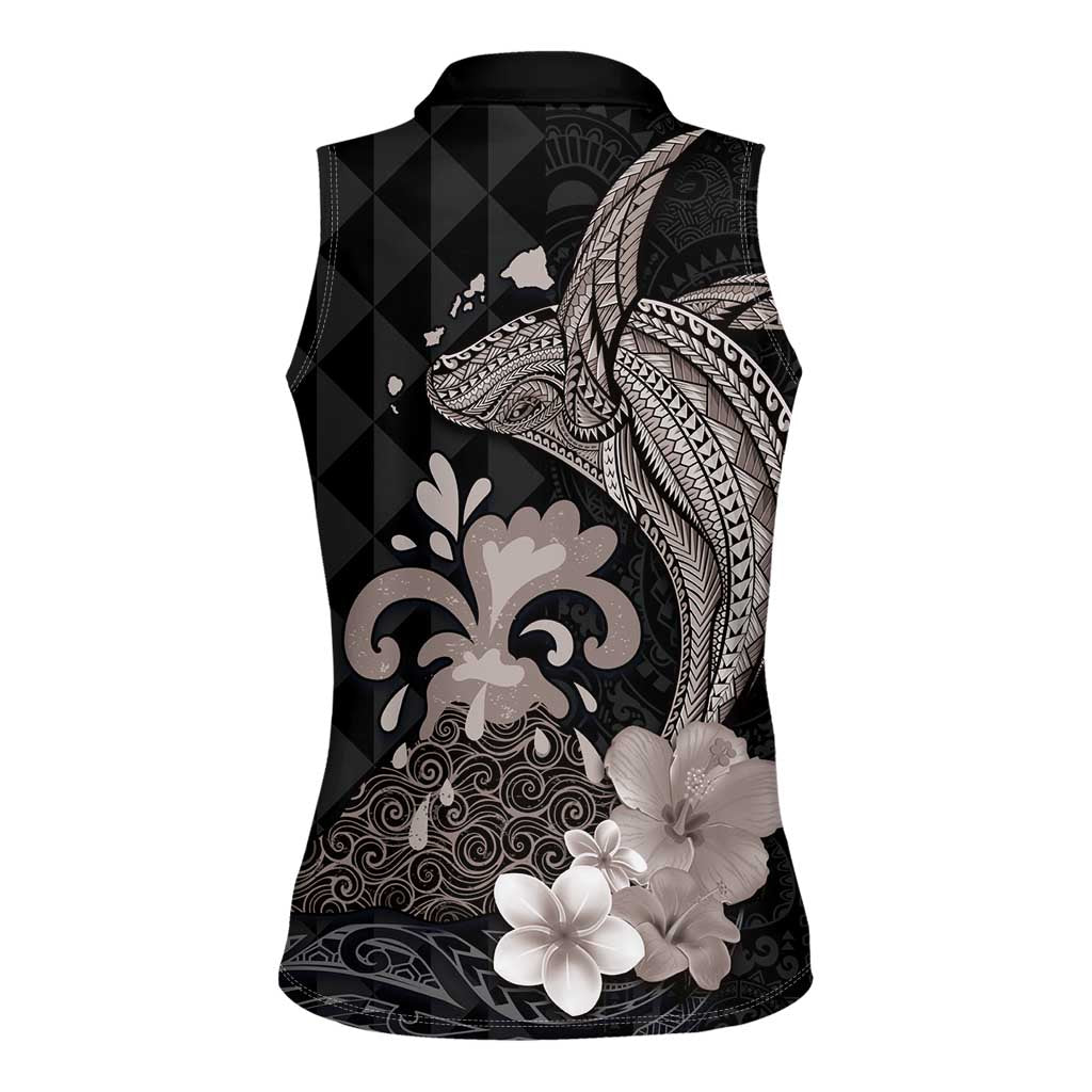 Hawaiian Whale and Volcanic Eruption Women Sleeveless Polo Shirt Hibiscus and Kakau Pattern Grayscale Color