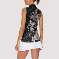 Hawaiian Whale and Volcanic Eruption Women Sleeveless Polo Shirt Hibiscus and Kakau Pattern Grayscale Color