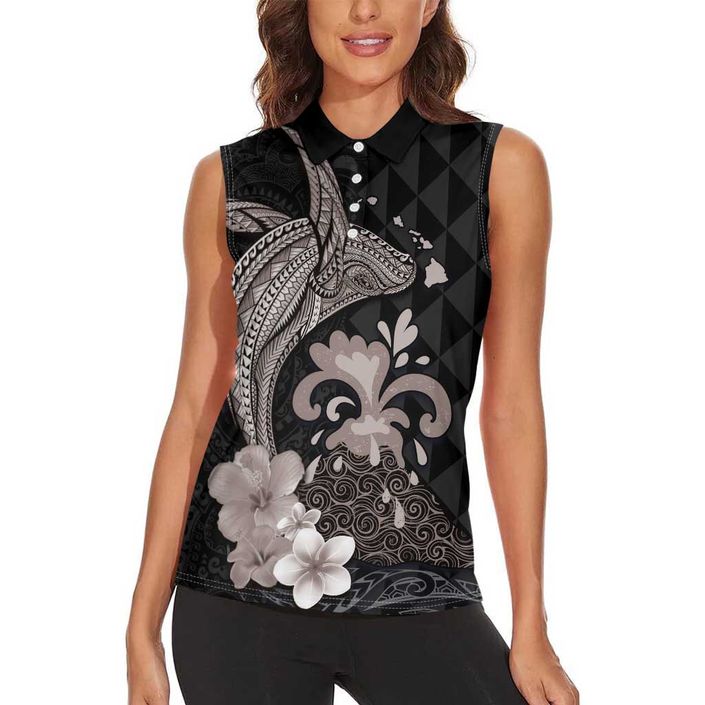 Hawaiian Whale and Volcanic Eruption Women Sleeveless Polo Shirt Hibiscus and Kakau Pattern Grayscale Color