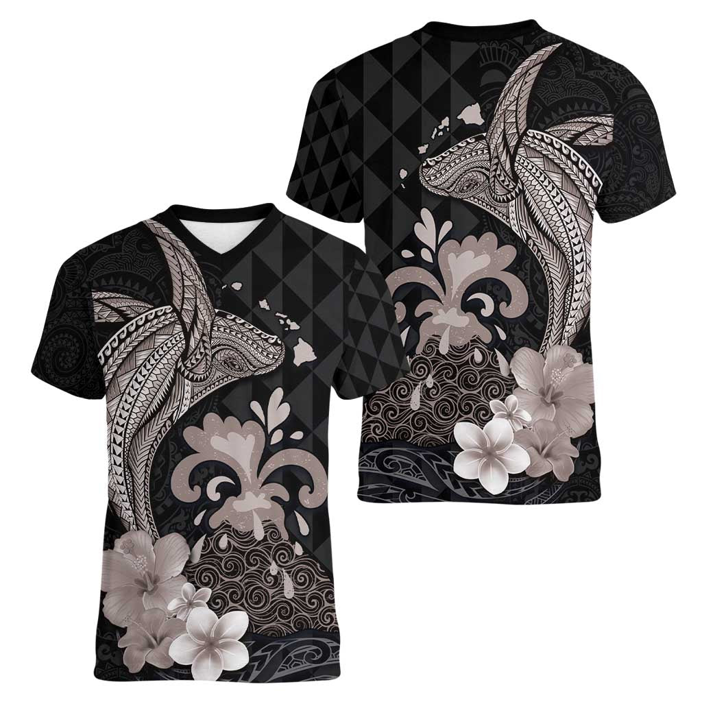Hawaiian Whale and Volcanic Eruption Women V-Neck T-Shirt Hibiscus and Kakau Pattern Grayscale Color