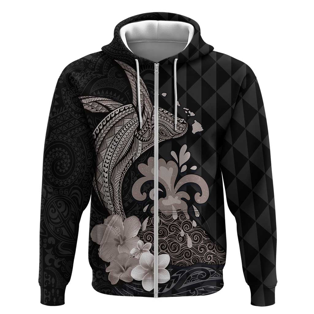 Hawaiian Whale and Volcanic Eruption Zip Hoodie Hibiscus and Kakau Pattern Grayscale Color LT03 Zip Hoodie Black - Polynesian Pride