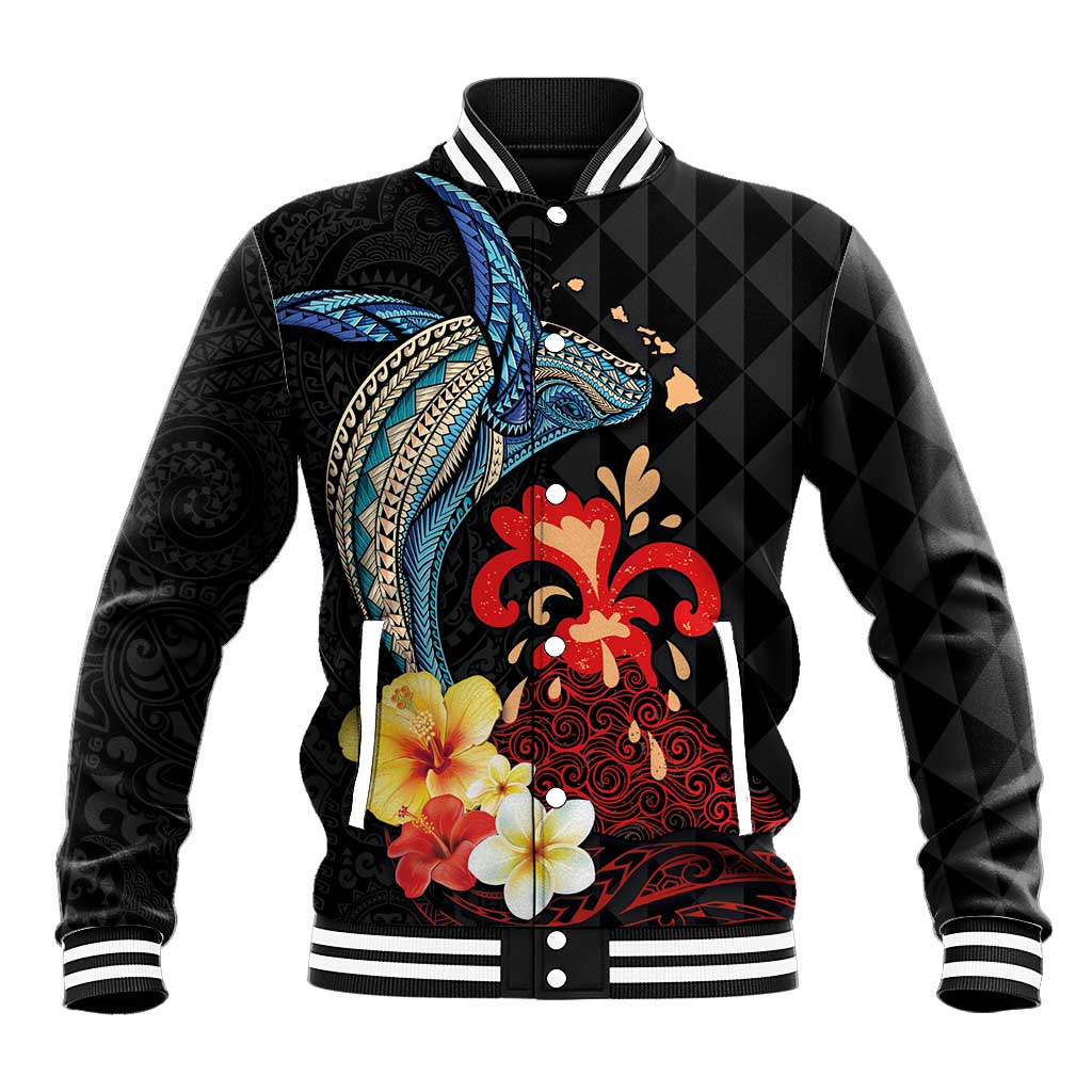 Hawaiian Whale and Volcanic Eruption Baseball Jacket Hibiscus and Kakau Pattern LT03 Unisex Black - Polynesian Pride
