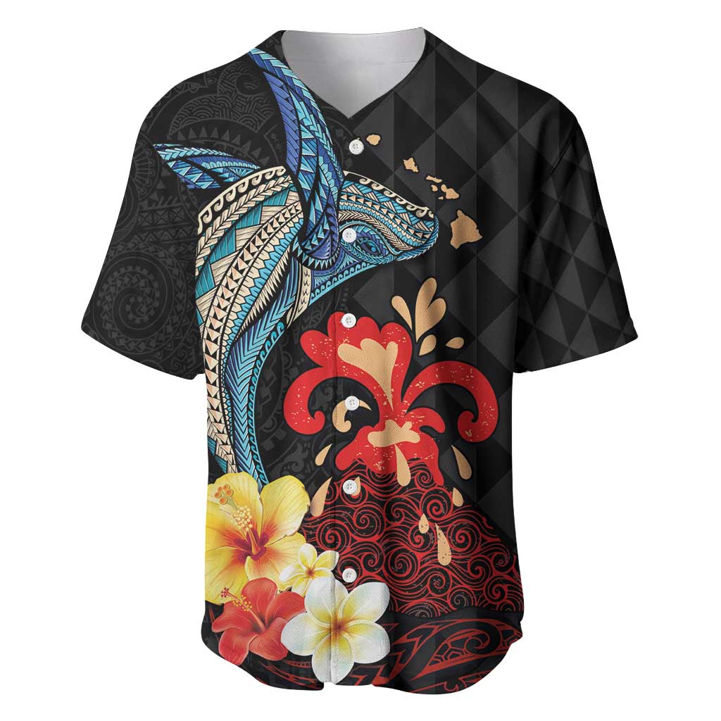 Hawaiian Whale and Volcanic Eruption Baseball Jersey Hibiscus and Kakau Pattern LT03 Black - Polynesian Pride