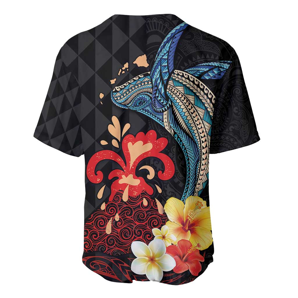 Hawaiian Whale and Volcanic Eruption Baseball Jersey Hibiscus and Kakau Pattern LT03 - Polynesian Pride
