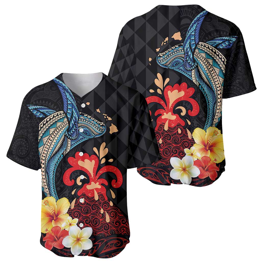 Hawaiian Whale and Volcanic Eruption Baseball Jersey Hibiscus and Kakau Pattern LT03 - Polynesian Pride