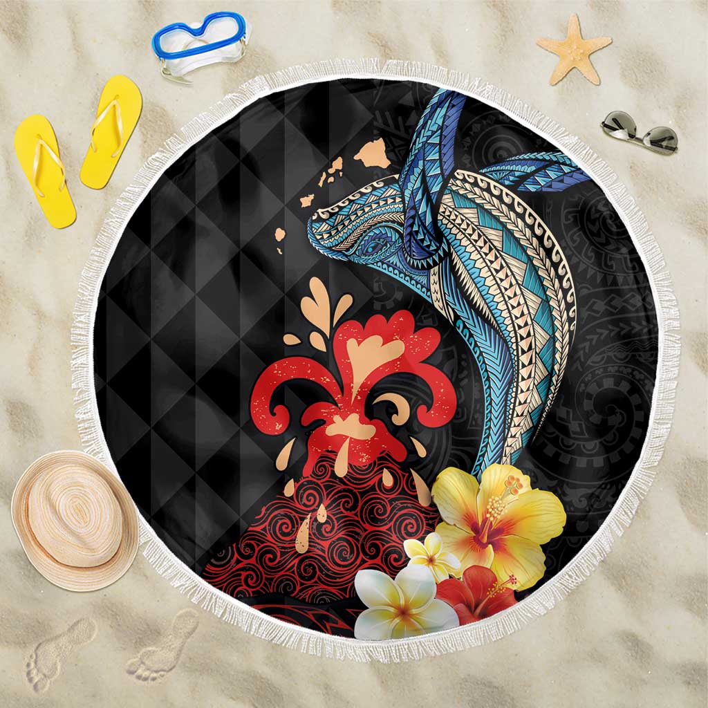 Hawaiian Whale and Volcanic Eruption Beach Blanket Hibiscus and Kakau Pattern LT03 One Size 150cm Black - Polynesian Pride