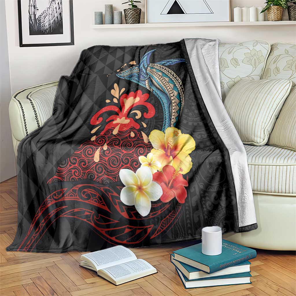Hawaiian Whale and Volcanic Eruption Blanket Hibiscus and Kakau Pattern LT03 Black - Polynesian Pride