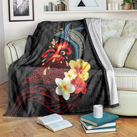 Hawaiian Whale and Volcanic Eruption Blanket Hibiscus and Kakau Pattern LT03 Black - Polynesian Pride