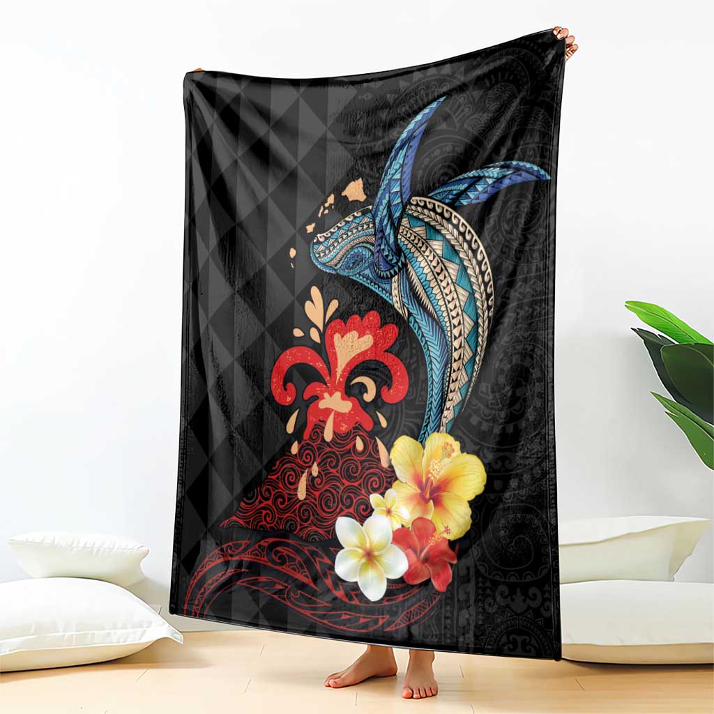 Hawaiian Whale and Volcanic Eruption Blanket Hibiscus and Kakau Pattern LT03 - Polynesian Pride