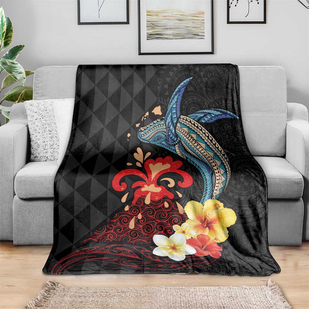 Hawaiian Whale and Volcanic Eruption Blanket Hibiscus and Kakau Pattern LT03 - Polynesian Pride