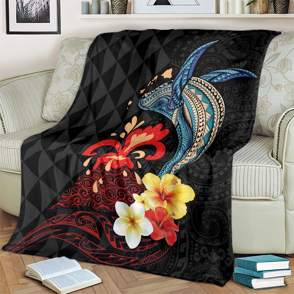 Hawaiian Whale and Volcanic Eruption Blanket Hibiscus and Kakau Pattern LT03 - Polynesian Pride