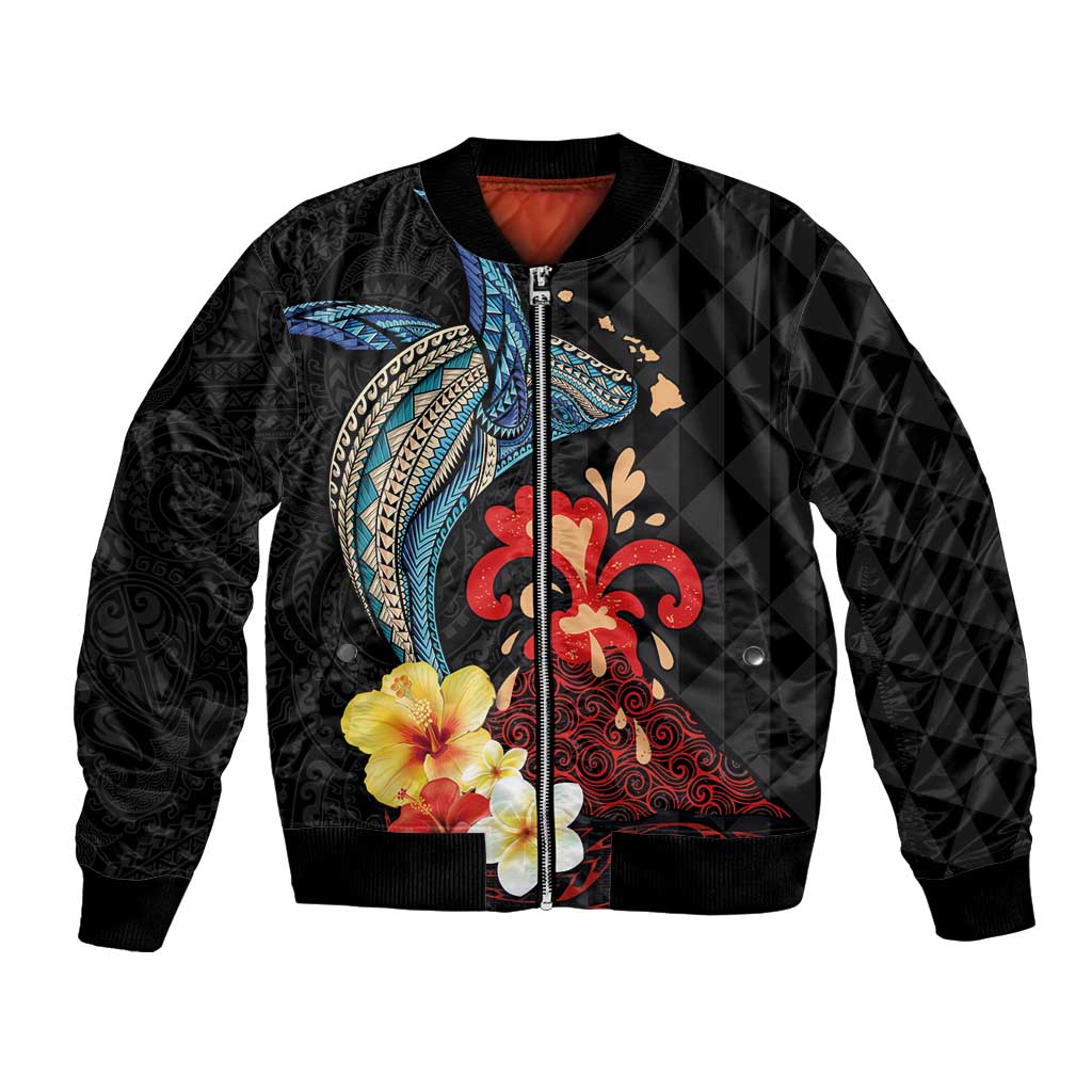 Hawaiian Whale and Volcanic Eruption Bomber Jacket Hibiscus and Kakau Pattern LT03 Unisex Black - Polynesian Pride