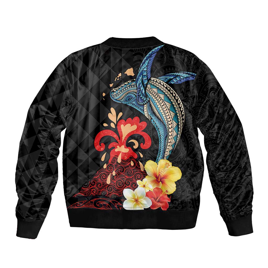 Hawaiian Whale and Volcanic Eruption Bomber Jacket Hibiscus and Kakau Pattern