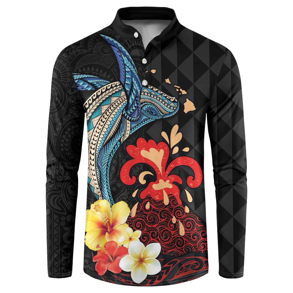 Hawaiian Whale and Volcanic Eruption Button Sweatshirt Hibiscus and Kakau Pattern