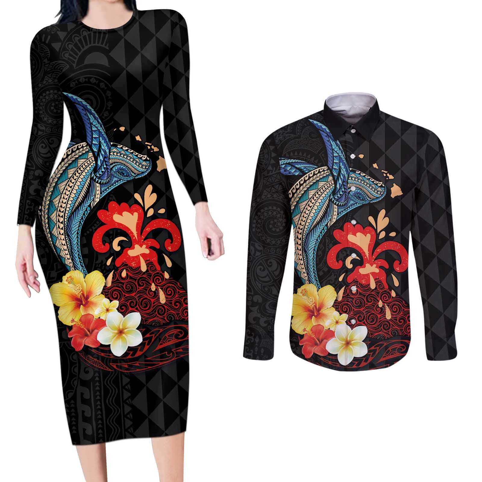 Hawaiian Whale and Volcanic Eruption Couples Matching Long Sleeve Bodycon Dress and Long Sleeve Button Shirt Hibiscus and Kakau Pattern LT03 Black - Polynesian Pride