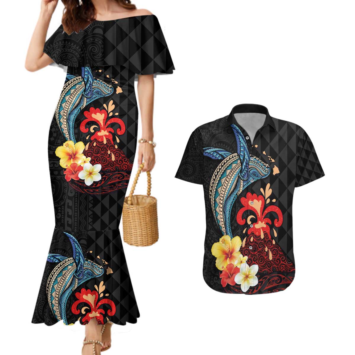 Hawaiian Whale and Volcanic Eruption Couples Matching Mermaid Dress and Hawaiian Shirt Hibiscus and Kakau Pattern LT03 Black - Polynesian Pride