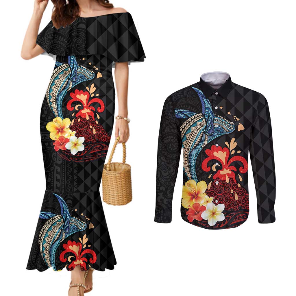 Hawaiian Whale and Volcanic Eruption Couples Matching Mermaid Dress and Long Sleeve Button Shirt Hibiscus and Kakau Pattern LT03 Black - Polynesian Pride