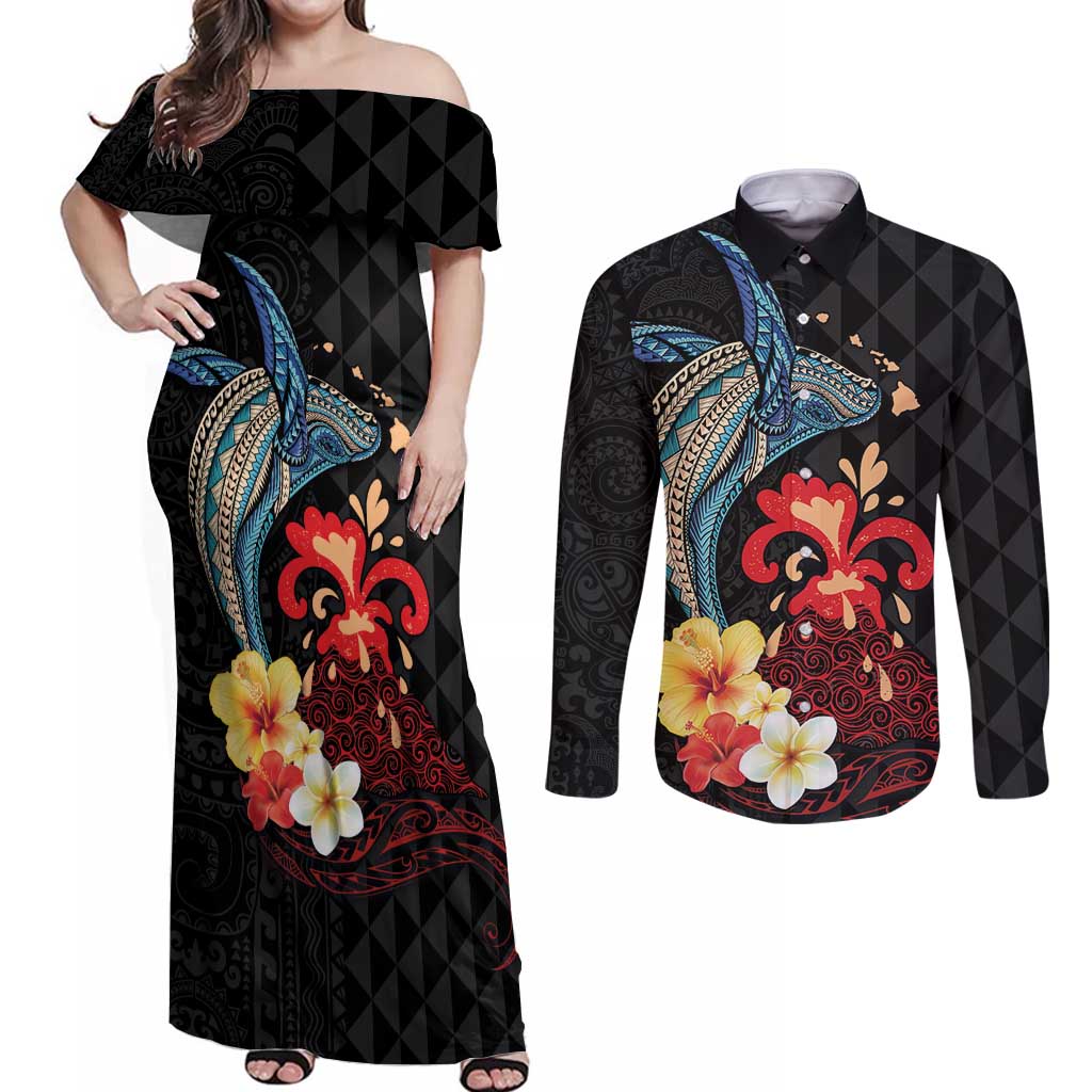 Hawaiian Whale and Volcanic Eruption Couples Matching Off Shoulder Maxi Dress and Long Sleeve Button Shirt Hibiscus and Kakau Pattern LT03 Black - Polynesian Pride