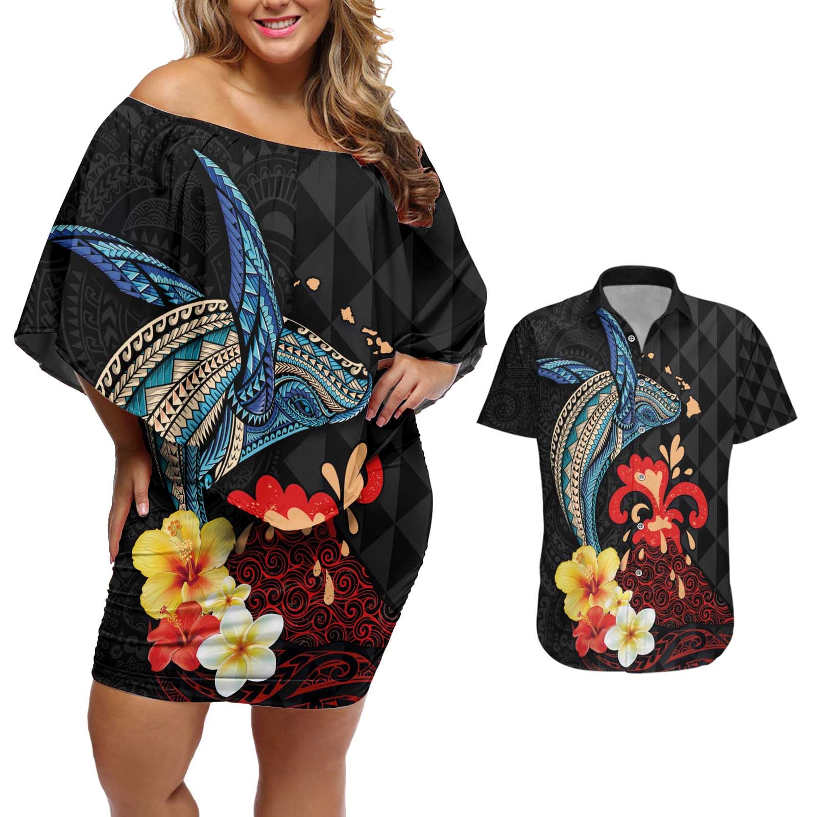 Hawaiian Whale and Volcanic Eruption Couples Matching Off Shoulder Short Dress and Hawaiian Shirt Hibiscus and Kakau Pattern LT03 Black - Polynesian Pride