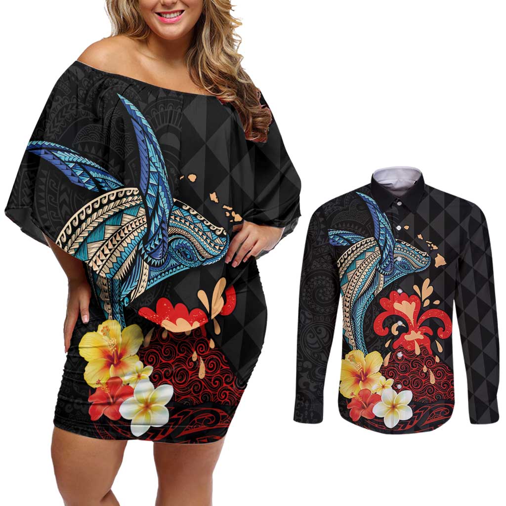 Hawaiian Whale and Volcanic Eruption Couples Matching Off Shoulder Short Dress and Long Sleeve Button Shirt Hibiscus and Kakau Pattern LT03 Black - Polynesian Pride