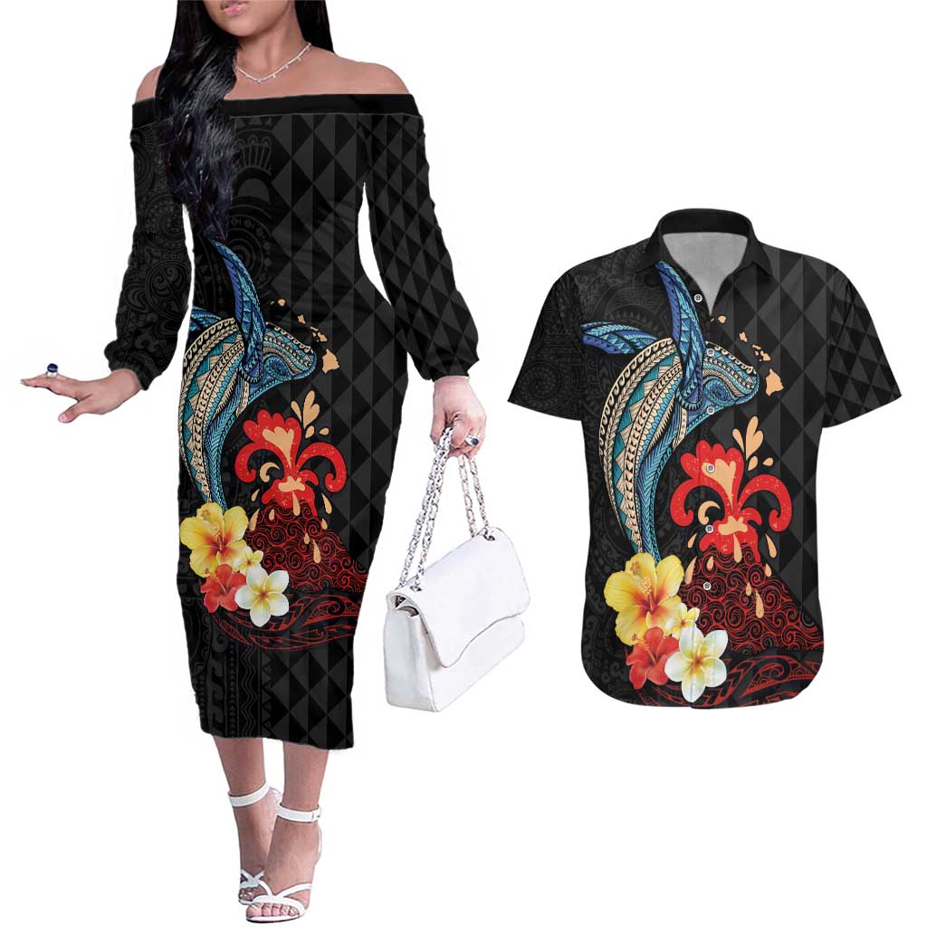 Hawaiian Whale and Volcanic Eruption Couples Matching Off The Shoulder Long Sleeve Dress and Hawaiian Shirt Hibiscus and Kakau Pattern LT03 Black - Polynesian Pride