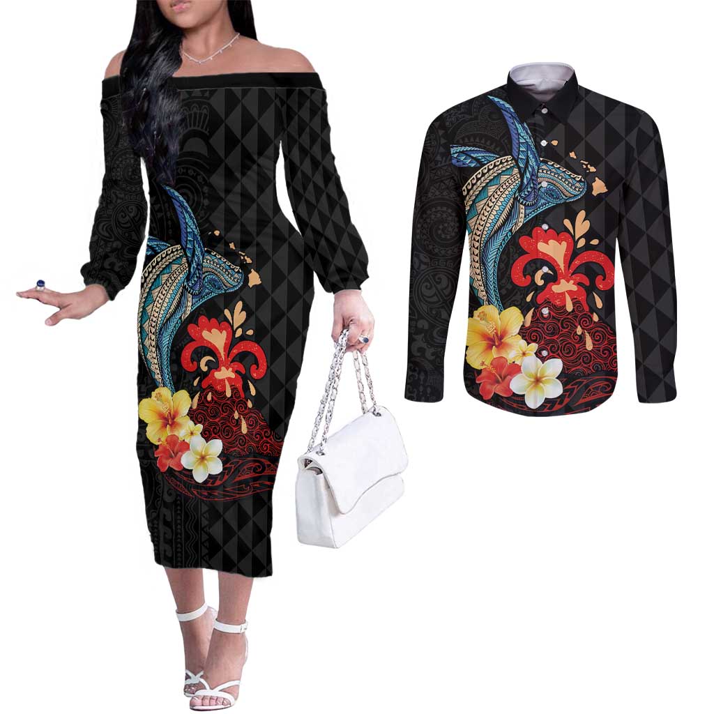 Hawaiian Whale and Volcanic Eruption Couples Matching Off The Shoulder Long Sleeve Dress and Long Sleeve Button Shirt Hibiscus and Kakau Pattern LT03 Black - Polynesian Pride