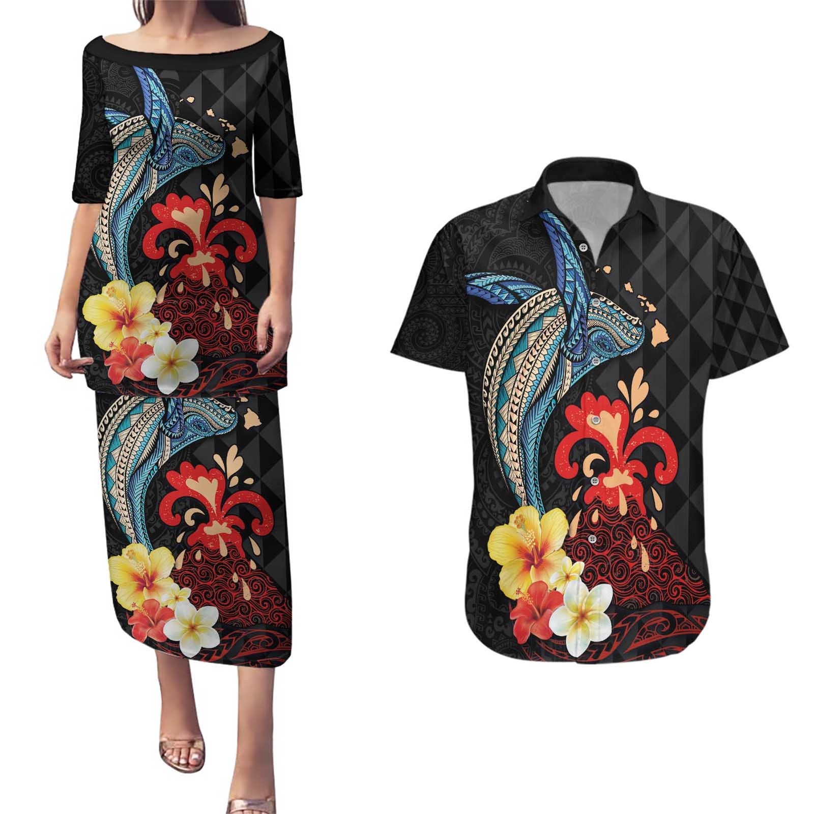 Hawaiian Whale and Volcanic Eruption Couples Matching Puletasi and Hawaiian Shirt Hibiscus and Kakau Pattern LT03 Black - Polynesian Pride