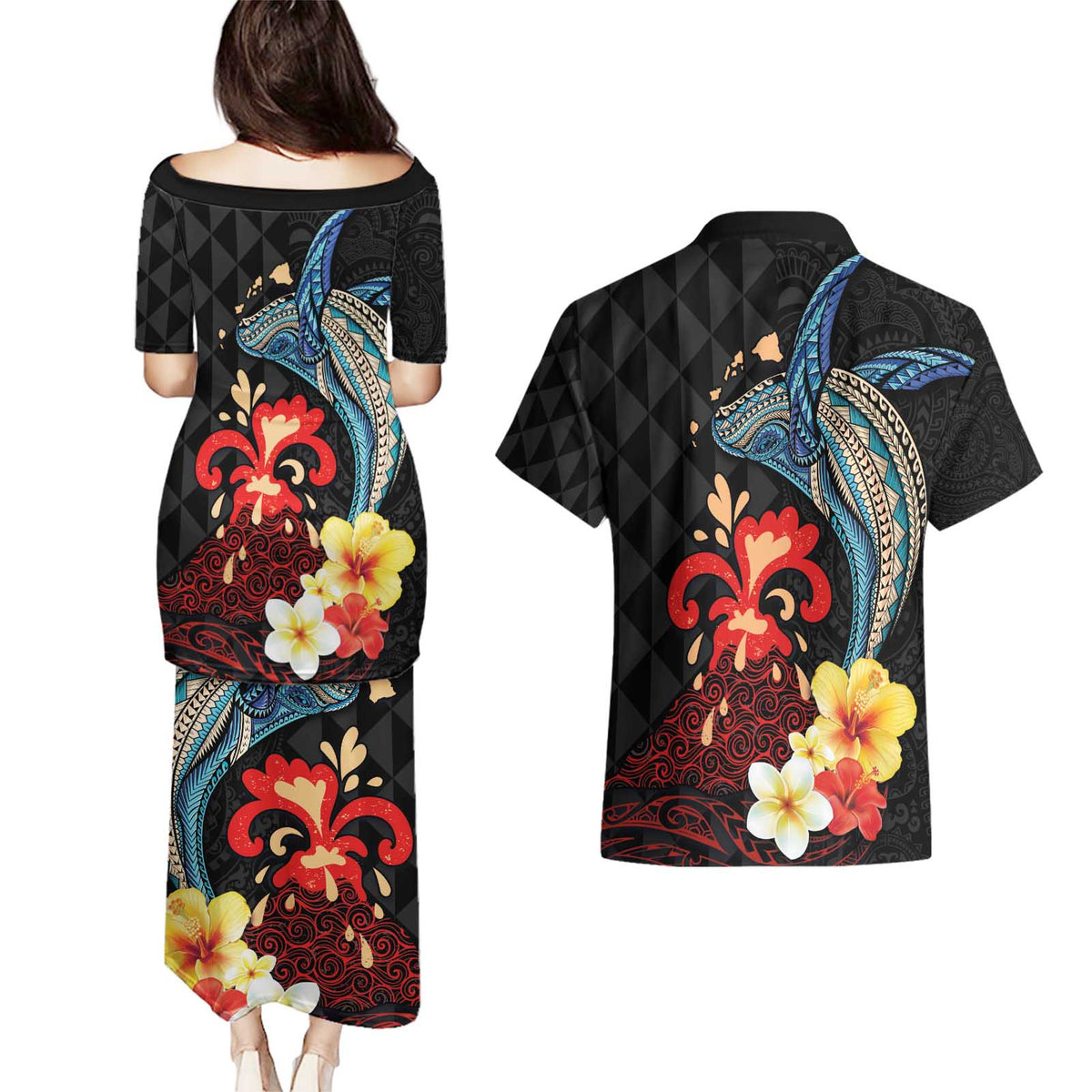 Hawaiian Whale and Volcanic Eruption Couples Matching Puletasi and Hawaiian Shirt Hibiscus and Kakau Pattern