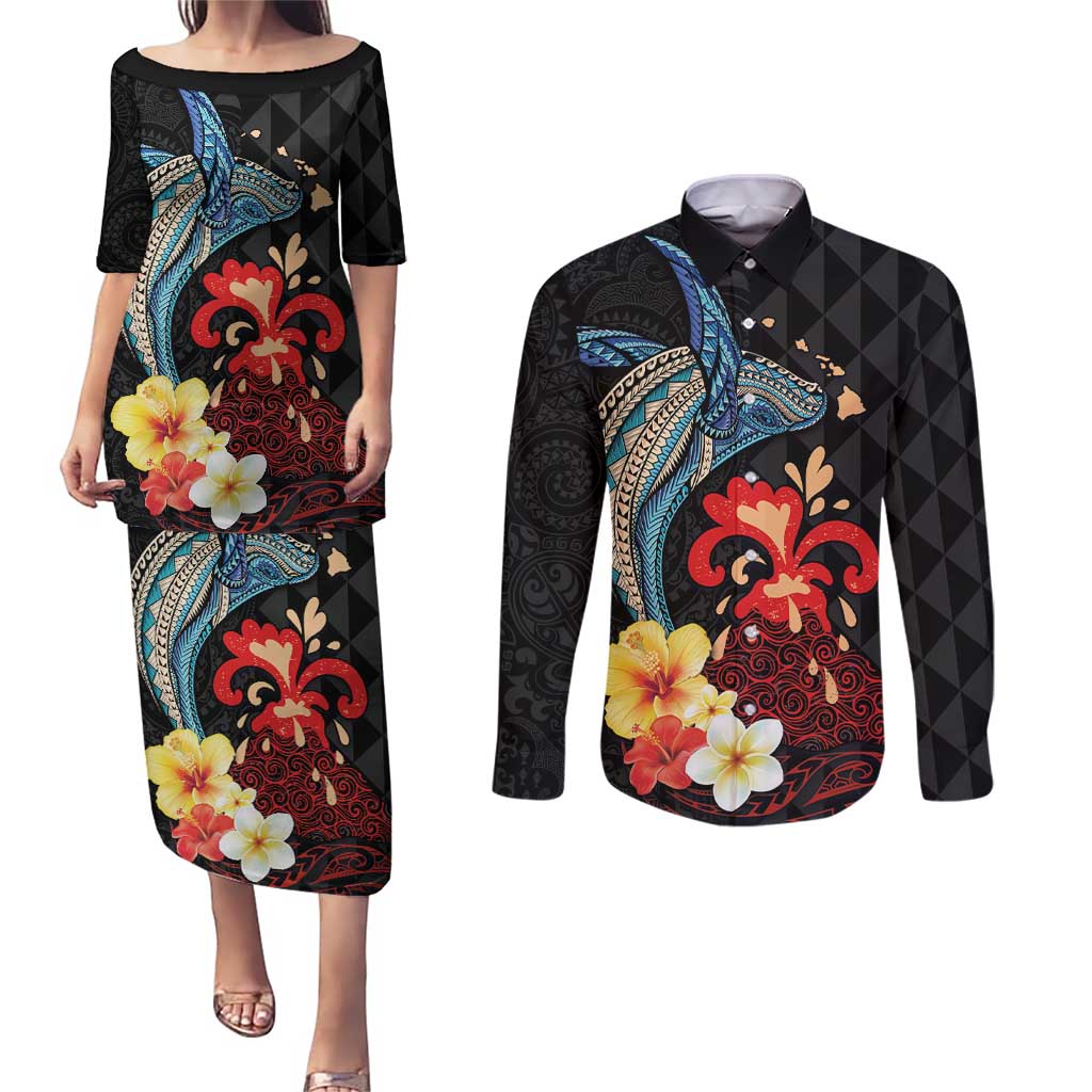 Hawaiian Whale and Volcanic Eruption Couples Matching Puletasi and Long Sleeve Button Shirt Hibiscus and Kakau Pattern LT03 Black - Polynesian Pride