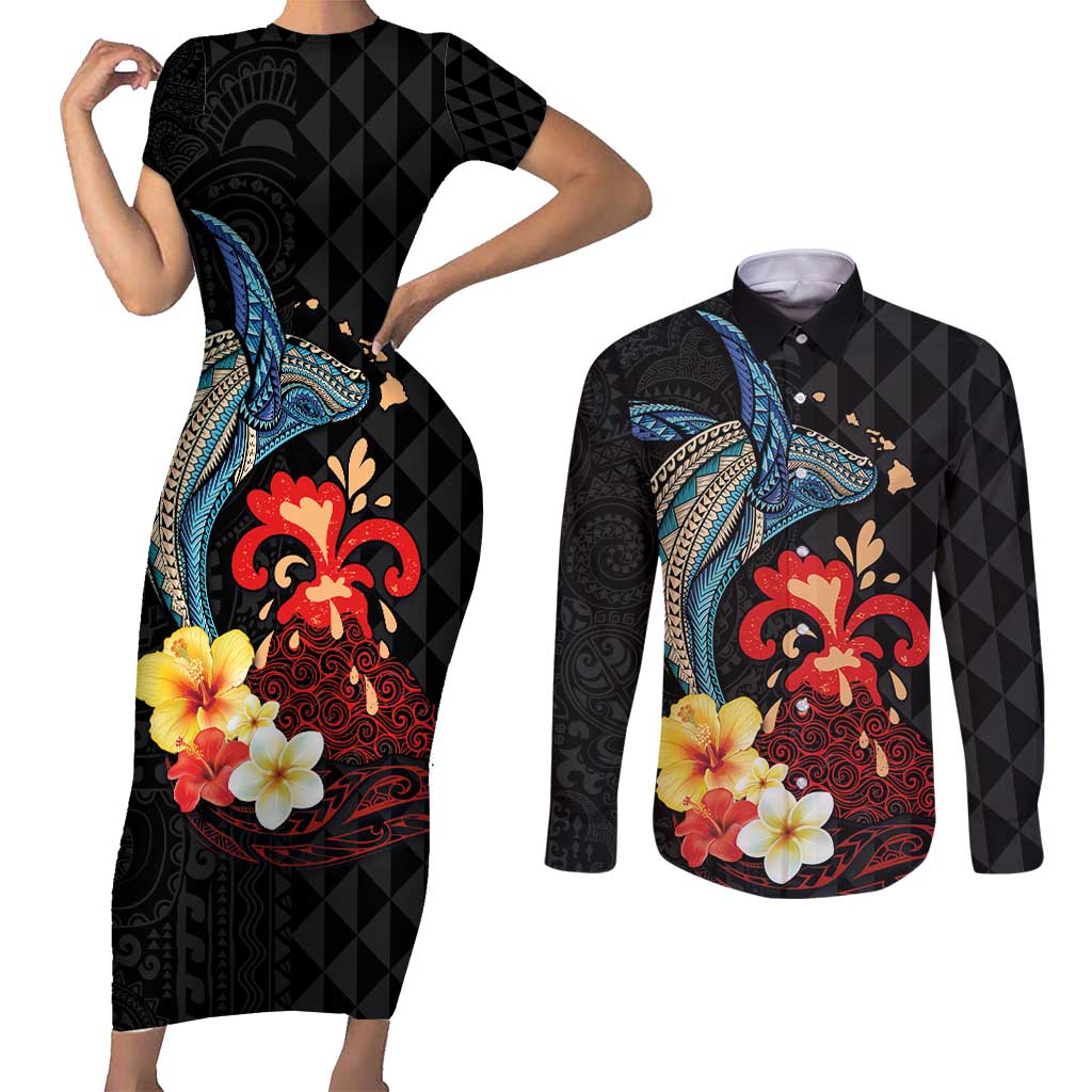 Hawaiian Whale and Volcanic Eruption Couples Matching Short Sleeve Bodycon Dress and Long Sleeve Button Shirt Hibiscus and Kakau Pattern LT03 Black - Polynesian Pride
