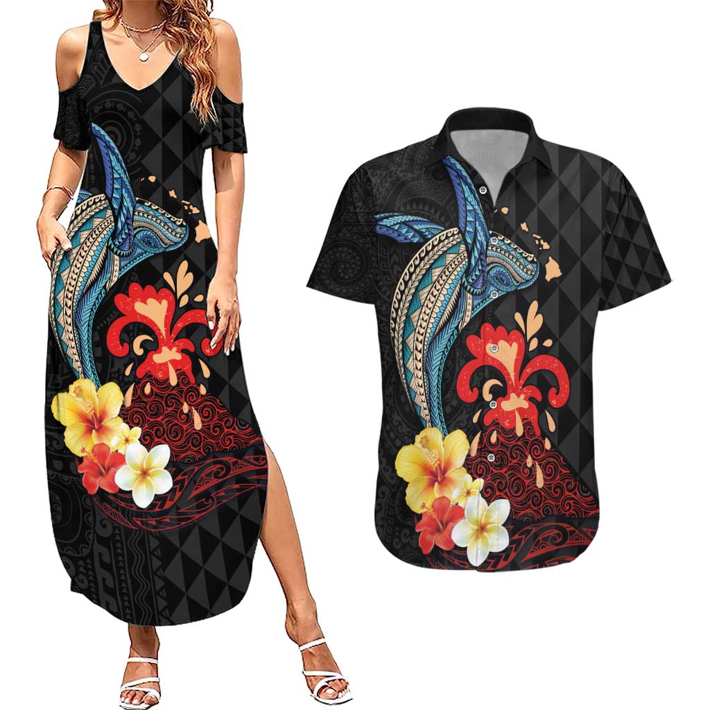 Hawaiian Whale and Volcanic Eruption Couples Matching Summer Maxi Dress and Hawaiian Shirt Hibiscus and Kakau Pattern LT03 Black - Polynesian Pride